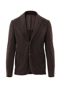 Blazer in corduroy marrone con rever a punta, due tasche frontali e chiusura a singolo bottone. Fodera interna liscia, esterno testurizzato.