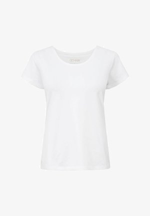 Biała bawełniana koszulka z okrągłym dekoltem, krótkimi rękawami i luźnym krojem. Gładka faktura bez widocznych wzorów czy akcentów.