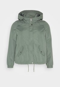 Green lightweight jacket with a hood, zip closure, and front pockets; features elastic cuffs and a drawstring hem for adjustable fit.