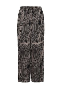 Pantalons de détente en tissu noir avec un motif de vagues crème fluide, dotés d'une taille élastique et de détails à cordon de serrage.