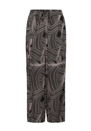 Fekete anyagú, ívelt krém hullámmintás lounge nadrág, gumis derékkal és zsinóros részlettel.