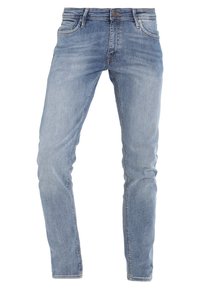 Hellblaue Jeans im Slim-Fit-Stil, mit Fünf-Taschen-Design und Reißverschluss. Sie verfügen über dezente Verwaschungen und kontrastierende Nähte.