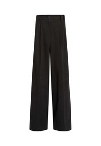 Zwarte high-waist wijde broek met riemlussen, een knoopsluiting aan de voorkant en subtiele verticale textuur.