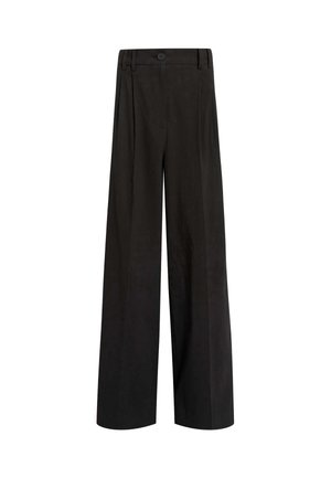 Pantaloni a vita alta neri a gamba larga con passanti per cintura, chiusura frontale con bottone e una sottile texture verticale.
