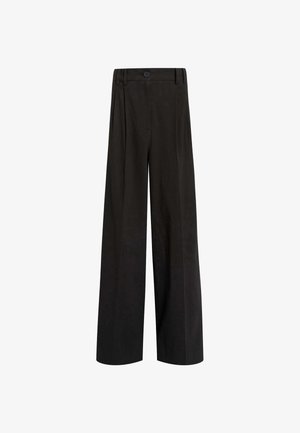 Black high-waist wide-leg trousers with belt loops, a front button closure, and subtle vertical texture.