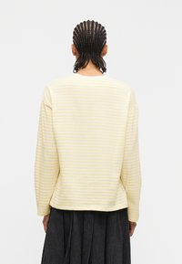 Άτομο με πλεγμένα μαλλιά που φοράει μπλούζα μακρυμάνικη με κίτρινες και λευκές ρίγες και σκουρόχρωμη πλισέ φούστα, γυρισμένο προς τα πίσω με φόντο ένα απλό υπόβαθρο.