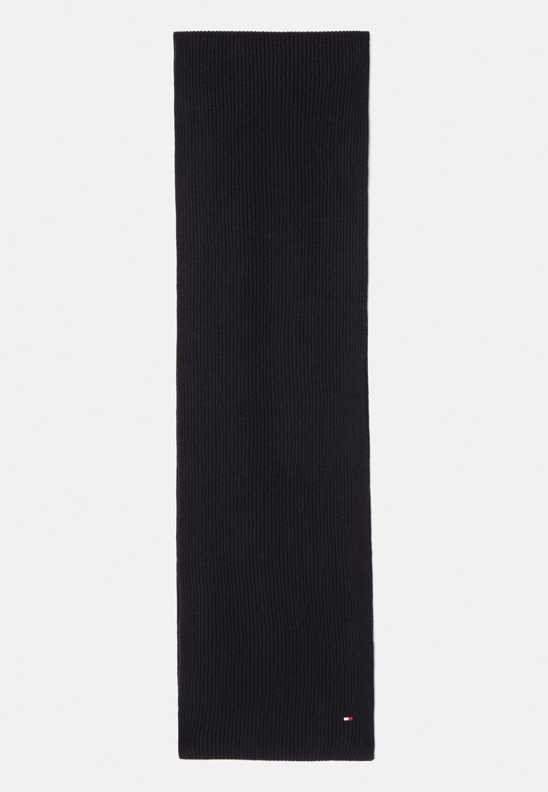 Black ribbed scarf made of textured fabric, featuring a small logo tag in red, white, and blue at the bottom corner.