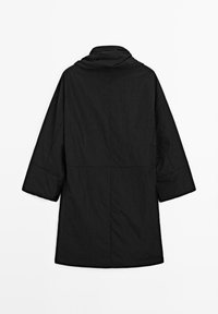 Black, long-sleeved coat with a high collar, made of lightweight fabric. Features a simple, loose fit and textured surface.