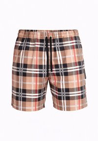 Beige karierte Shorts mit schwarzen, weißen und roten Linien, ausgestattet mit einem elastischen Bund und schwarzen Kordeln vorne.