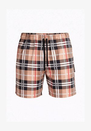 Pantalones cortos de cuadros beige con líneas negras, blancas y rojas, con cintura elástica y cordones negros en la parte delantera.