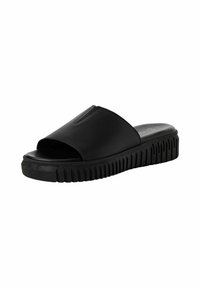 Infradito neri realizzati in materiale sintetico liscio. Presentano un design con punta aperta e una soletta spessa e rigata per un comfort maggiore.