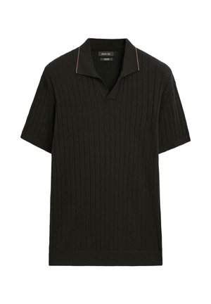 Black short-sleeve polo shirt featuring a textured ribbed design, a V-neckline, and contrasting orange accent at the collar.