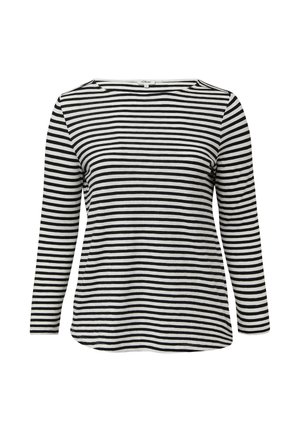 Schwarz-weiße gestreifte Langarm-T-Shirt mit Rundhalsausschnitt, aus weichem Stoff und entspanntem Schnitt, mit gleichmäßig verteilten horizontalen Streifen.