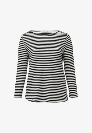 Schwarz-weiße gestreifte Langarm-T-Shirt mit Rundhalsausschnitt, aus weichem Stoff und entspanntem Schnitt, mit gleichmäßig verteilten horizontalen Streifen.