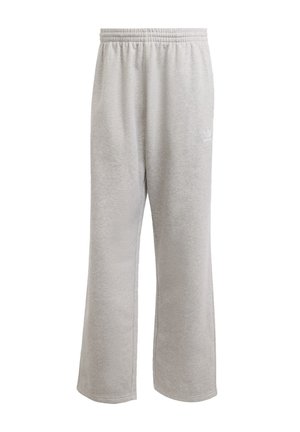 Gray sweatpants made of soft fabric, featuring an elastic waistband, straight leg design, and a small white logo on the side.