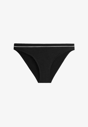 Black bikini-style underwear with a thin white horizontal stripe along the waistband on a plain white background.