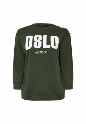 Grüner Sweatshirt mit der Aufschrift "OSLO est. 1978" in weißer Schrift. Verfügt über lange Ärmel, einen runden Ausschnitt und dekorative Knöpfe an der Schulter.