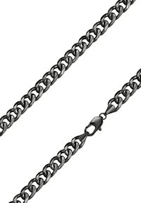 Catena metallica nera con maglie intrecciate, caratterizzata da una superficie liscia e una finitura lucida. Include un gancio per una chiusura sicura.
