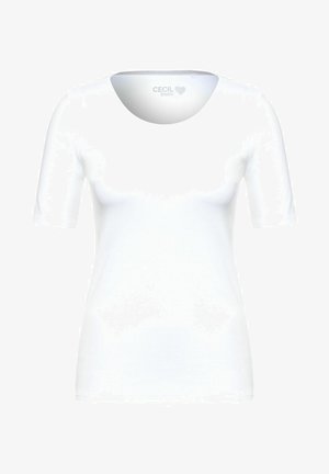 Biała koszulka z krótkim rękawem, wykonana z gładkiego materiału, z okrągłym dekoltem. Posiada logo na wewnętrznej stronie kołnierza. Prosta, luźna forma.