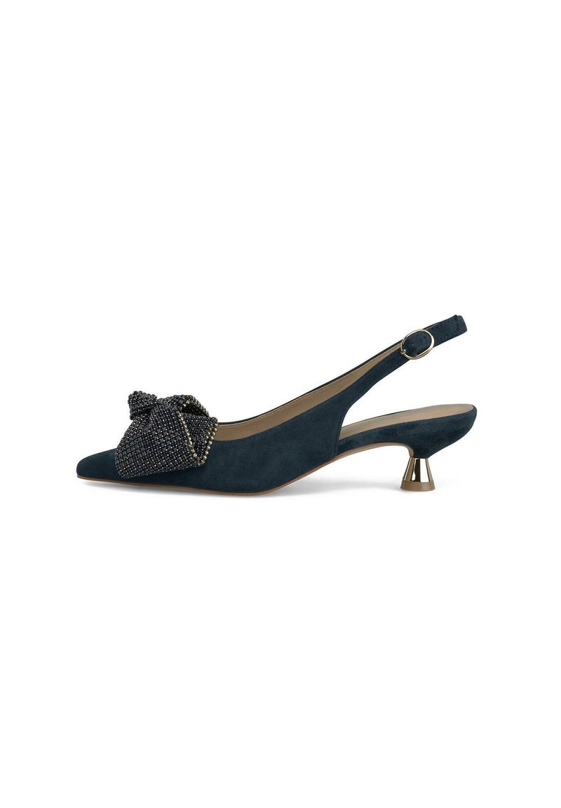 I tacchi slingback blu navy presentano una finitura scamosciata testurizzata, un dettaglio con fiocco di perline e un tacco a cono metallico.