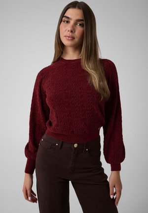 Jeune femme aux longs cheveux raides portant un pull texturé bordeaux et un pantalon marron foncé sur un fond clair uni.