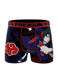 Boxers noirs avec un personnage d'anime, accents rouges et motif de nuages ; taille élastique avec la marque "FREEGUN".