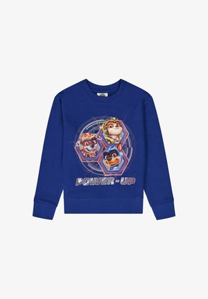 Sweatshirt bleu en coton, arborant un graphique sur le devant avec trois animaux de dessin animé dans des hexagones et le texte "POWER-UP" en dessous.