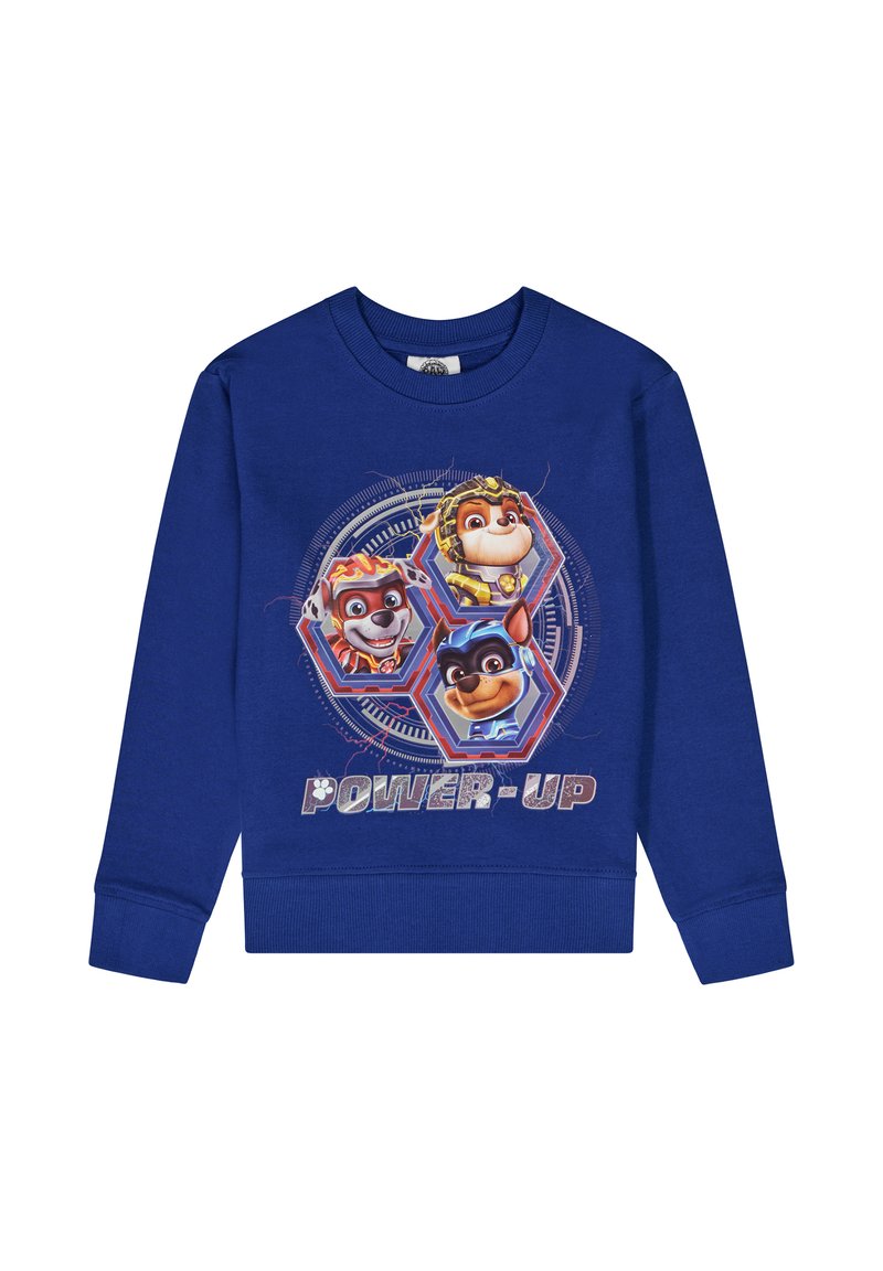 Sudadera azul de algodón, con un gráfico frontal que muestra tres animales de dibujos animados dentro de hexágonos y el texto "POWER-UP" debajo.