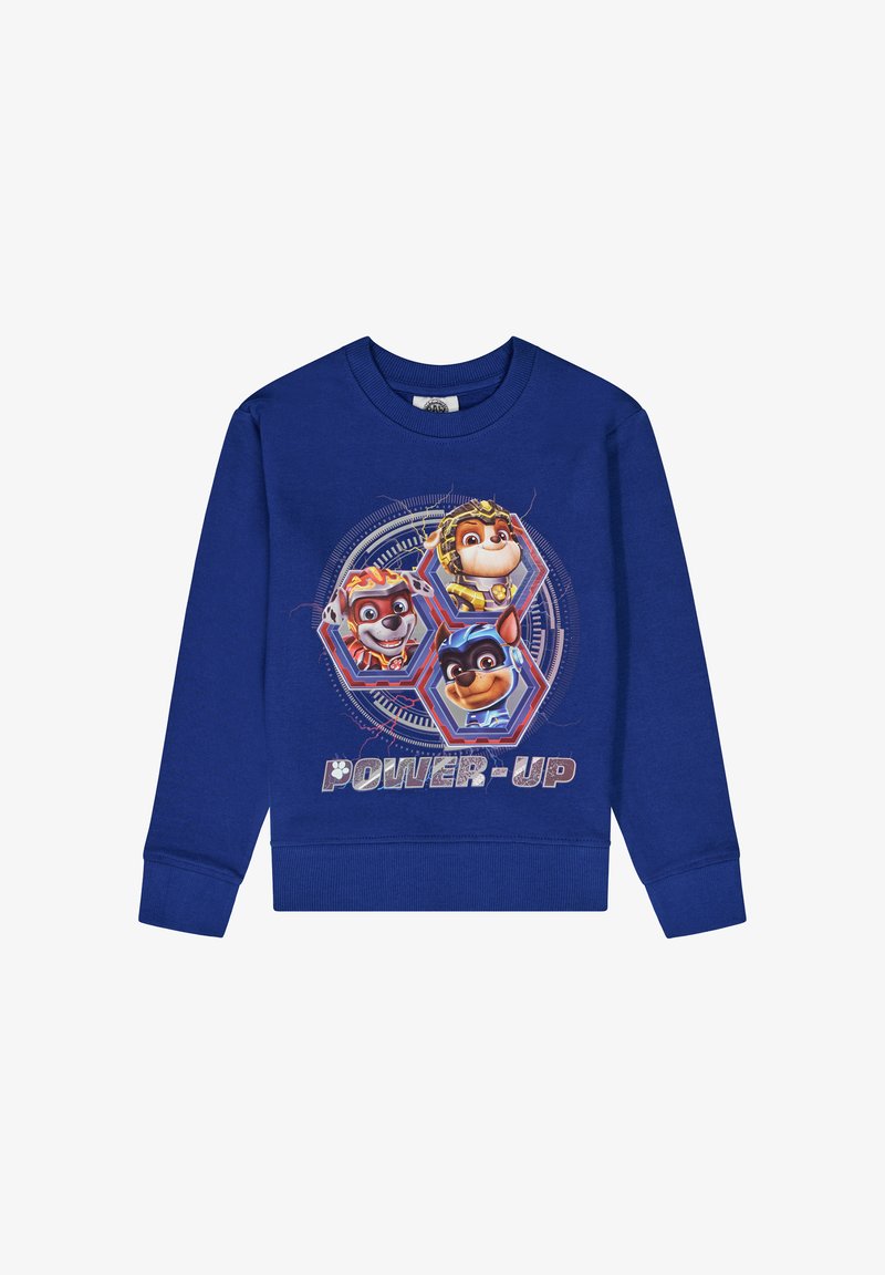 Sudadera azul de algodón, con un gráfico frontal que muestra tres animales de dibujos animados dentro de hexágonos y el texto "POWER-UP" debajo.