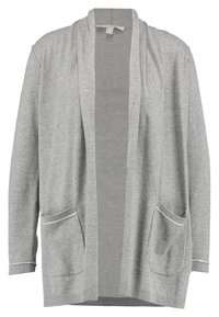 Ljust grå öppen cardigan med långa ärmar och två framfickor, tillverkad av mjukt stickat tyg.