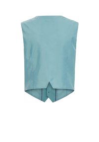 Světle modrý bezrámový top vyrobený z lesklého materiálu, s V-čelním výstřihem a kontrastní vnitřní vrstvou a dekorativním prošíváním.