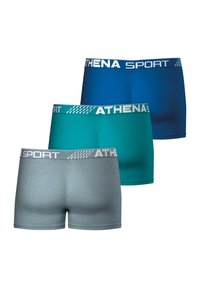 Trois paires de boxers ATHENA SPORT en bleu, teal et gris. Chacun présente une ceinture confortable avec un logo blanc et une texture douce.