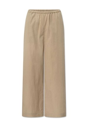 Beige broek met wijde pijpen en een elastische tailleband, gemaakt van lichte stof, met een gladde textuur en een ontspannen pasvorm.