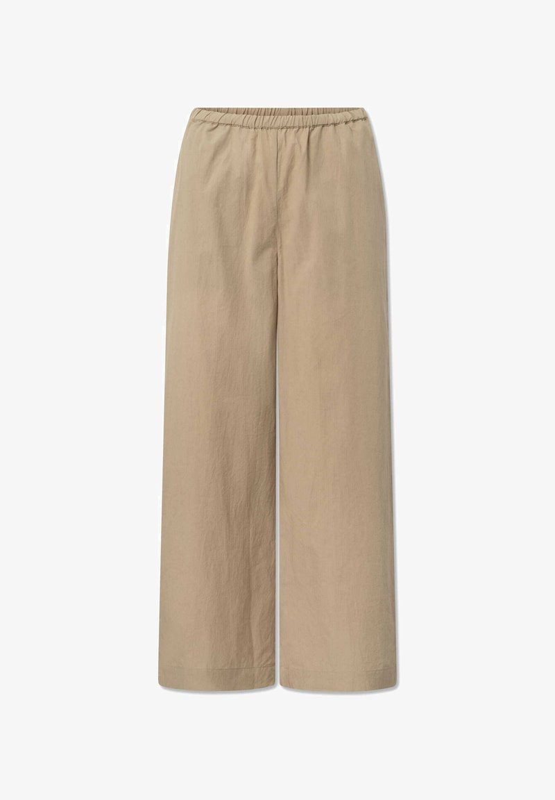 Pantalon taille large beige avec une ceinture élastique, fabriqué à partir d'un tissu léger, offrant une texture lisse et une coupe décontractée.