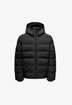 Schwarze gepolsterte Jacke mit Kapuze, ausgestattet mit einem Reißverschluss, elastischen Bündchen und einer gesteppte Textur zur Isolierung. Minimalistisches Design.