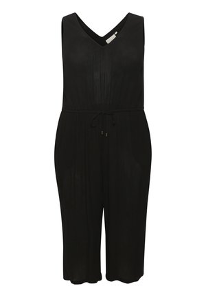 Black jumpsuit with a V-neck, sleeveless design, elastic waist with drawstring, and two side pockets. Made from lightweight fabric with a smooth texture.