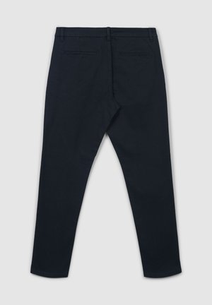 Pantaloni blu navy con un design aderente, due tasche posteriori e una texture morbida. Presentano una vita piatta e gambe affusolate.