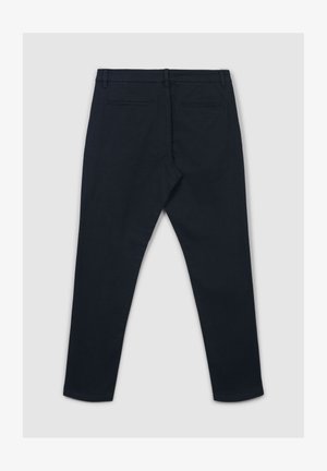 Pantaloni blu navy con un design aderente, due tasche posteriori e una texture morbida. Presentano una vita piatta e gambe affusolate.