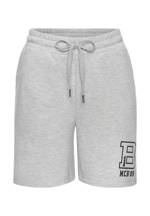 Pantaloncini casual grigio chiaro con cintura elastica, coulisse regolabile, tasche laterali e logo nero "B MCR'89" sulla gamba sinistra.