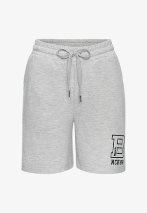 Hellgraue Freizeitshorts mit elastischem Bund, verstellbarem Kordelzug, seitlichen Taschen und schwarzem "B MCR'89"-Logo am linken Bein.
