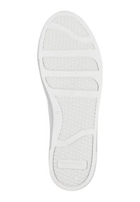 Suola di scarpa in gomma bianca con superfice testurizzata, caratterizzata da un motivo a onda, scanalature orizzontali e verticali per la presa, e un piccolo logo.