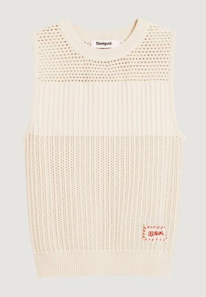Top de punto crema sin mangas con patrones acanalados y tipo malla, escote redondo y un pequeño parche con el logo rojo de Desigual cerca del dobladillo.