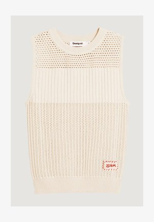Haut sans manches en maille crème avec motifs côtelés et ajourés, col rond et petite étiquette logo rouge Desigual près de l'ourlet.