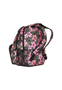 Floral backpack with pink and green flower pattern on a black background. Features adjustable straps and a mesh pocket on the side.