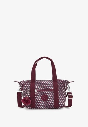 Sac compact violet et bordeaux en tissu à motifs. Équipé de poignées doubles, d'une sangle épaule réglable, de poches zippées et d'un détail en charm.