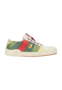 Multi-colored shoe with green, red, and yellow leather panels, white base, round toe, laces, and subtle stitching details.