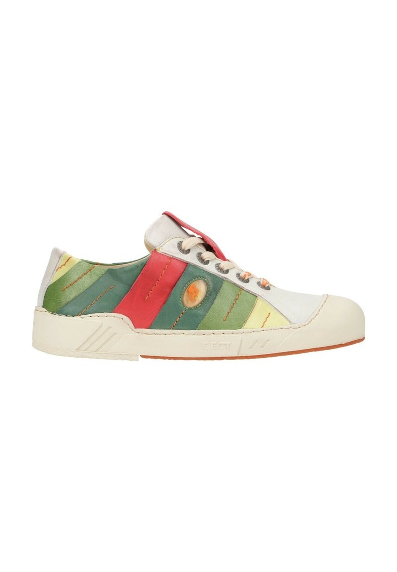 Multi-colored shoe with green, red, and yellow leather panels, white base, round toe, laces, and subtle stitching details.