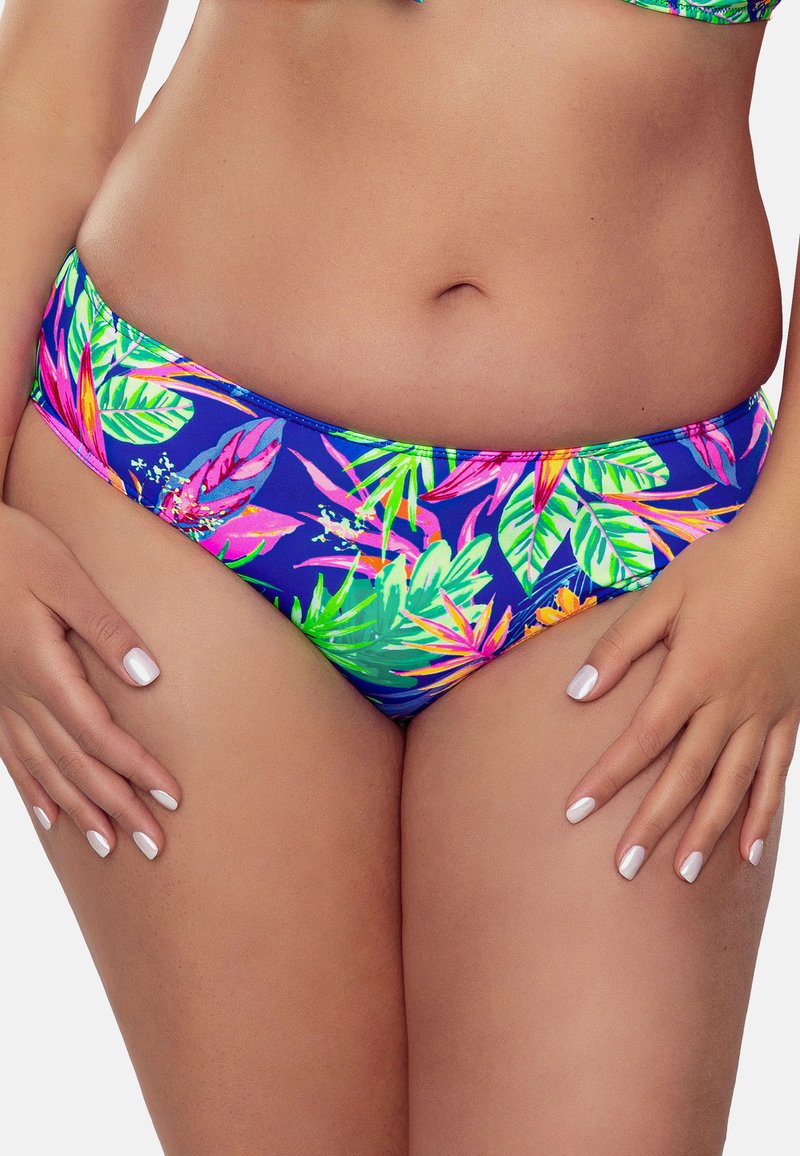 Tropische print bikini onderstuk met levendige neonkleuren op een blauwe achtergrond, gemaakt van rekbaar materiaal met een gladde textuur.