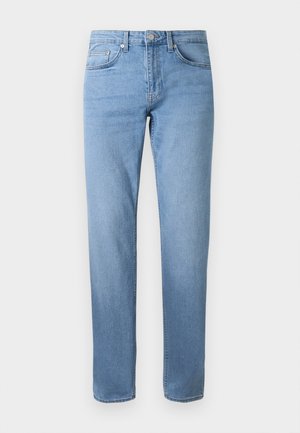 Light blue denim jeans with a straight leg design, five pockets, a zipper fly, and a button closure. Smooth texture, minimal wear.