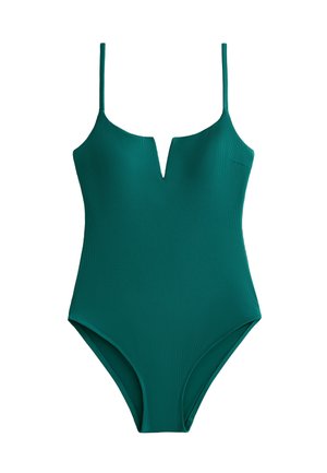 Maillot de bain une pièce vert avec des bretelles fines, un décolleté en V et un tissu texturé. Il présente des jambes échancrées et une coupe ajustée.
